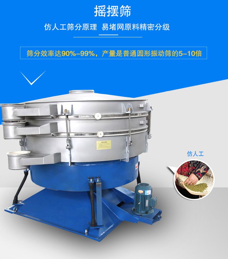 搖擺篩適合精細(xì)和超細(xì)范圍的粉末和微粒狀物料，產(chǎn)量大、精度高